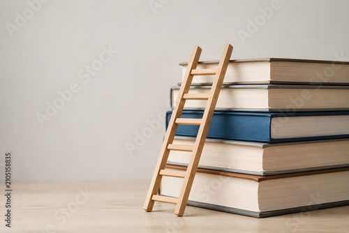 Small wooden ladder leaning against a stack of hardcover books