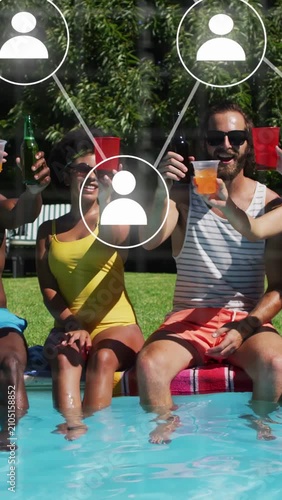 Vertical video: Pool group sitting feet in water, UI nodes showing and urging raising cups for tech