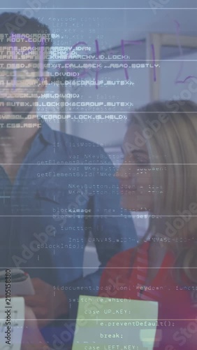 Vertical video: Project team left writing glass notes tapping tablet HUD overlaying agreeing plan