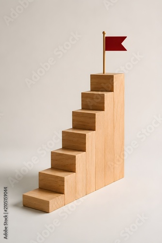 Wooden block staircase with a red flag on top
