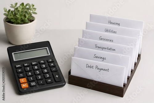 Personal finance budget envelopes with calculator on desk