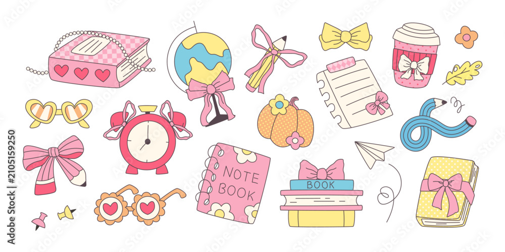 Fototapeta premium Cute cartoon school sticker vector with girly coquette bow, ribbon pattern and books clipart. Adorable kawaii illustration with retro groovy elements for teacher journal and classroom supplies.