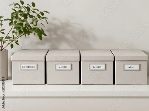 Organized storage boxes with labels on a shelf