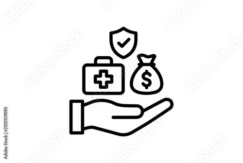 Health insurance line icon, medical coverage vector, hand holding money bag and first aid kit