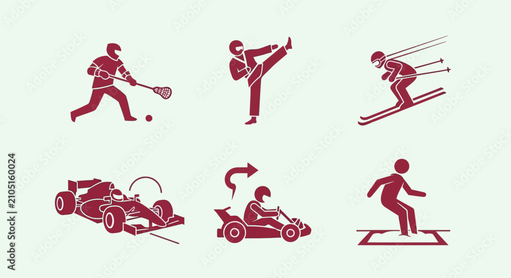 Fototapeta premium Collection of Sport Pictograms: Lacrosse, Karate, Skiing, Formula 1, Karting, and Snowboarding Icons