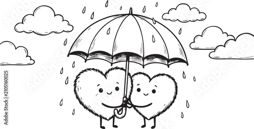 Two fluffy hearts sharing an umbrella during a rain shower with clouds isolated on white background