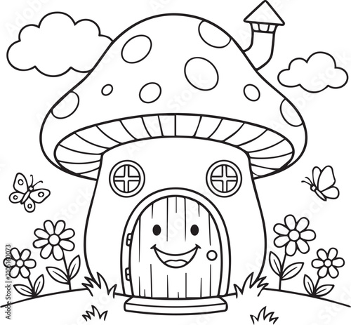 Whimsical mushroom house with smiling door and butterflies during daytime isolated on white background