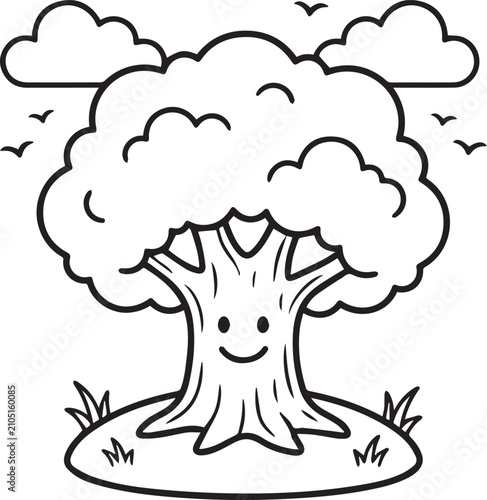 Whimsical cartoon oak tree with smiling face during a sunny day with birds flying isolated on white background
