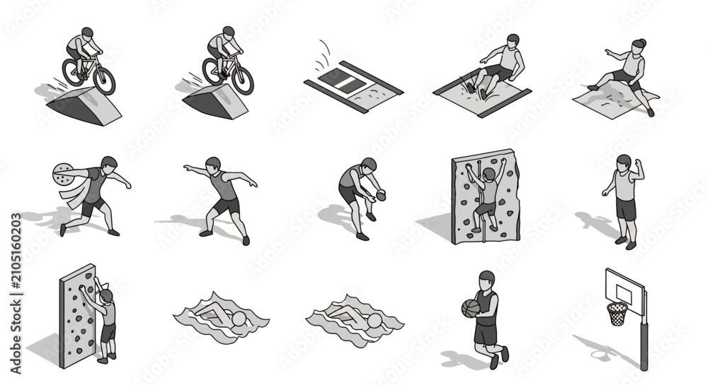 Obraz premium Isometric sport pictograms collection: extreme sports, team sports, and individual activities