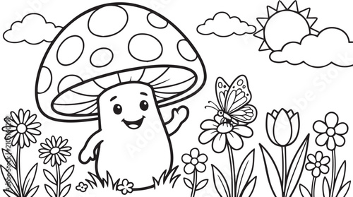 Cute anthropomorphic mushroom character waving hello with a butterfly on a flower during a sunny day in a meadow isolated on white background