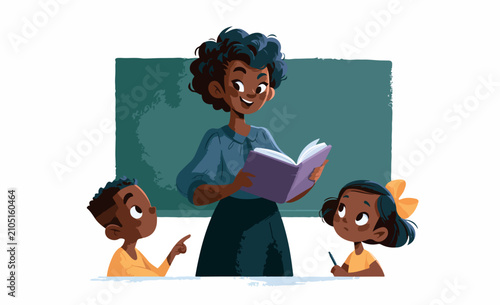 Cartoon Teacher Reading Book to Students in a Classroom Vector Illustration