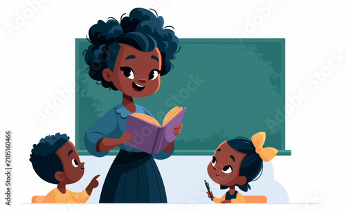Cartoon Teacher Reading Book to Students in a Classroom Vector Illustration
