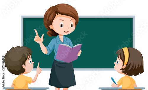Cartoon Teacher Reading Book to Students in a Classroom Vector Illustration