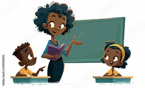 Cartoon Teacher Reading Book to Students in a Classroom Vector Illustration