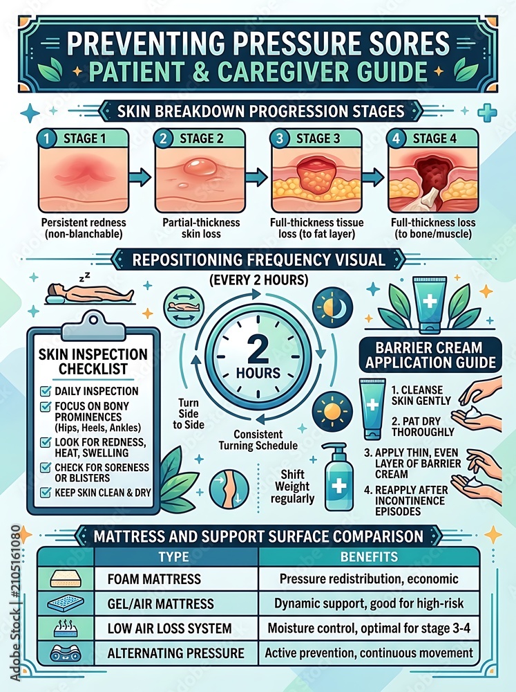 Naklejka premium Pressure sore prevention infographic for caregivers and patients