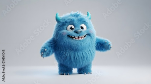 Cute blue monster with horns smiling on a neutral background