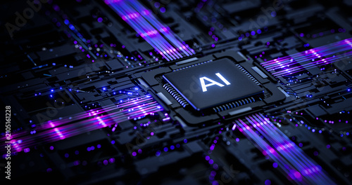 Fotografie Artificial Intelligence AI Processor Chip on Futuristic Circuit Board with Digit