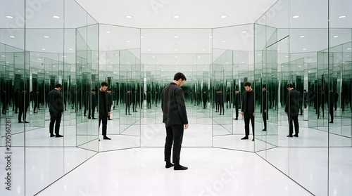 Infinite Reflections: A lone figure stands amidst a seemingly endless expanse of mirrors, creating a disorienting and surreal experience. This image evokes feelings of introspection, isolation.