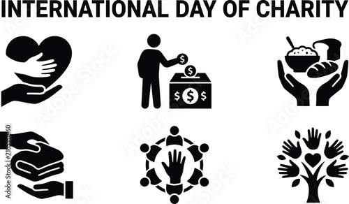 Quadro su tela Charity Icons Depicting Giving And Support Black Silhouettes On Transparent Back