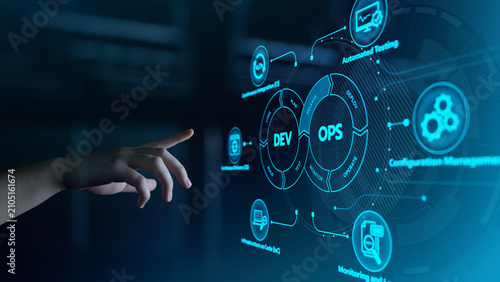 DevOps Dev Ops software development. Business Technology Automation Process Concept