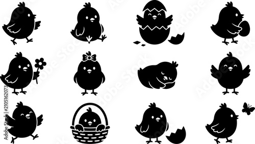 Charming black silhouette chick collection for easter designs and springtime graphics
