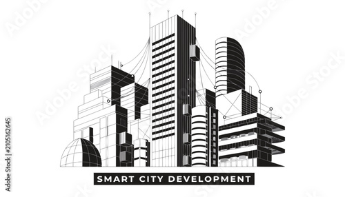 Very beautiful black and white realistic vector illustration of SMART CITY BUILDING PROJECT featuring a bold engineering label reading 