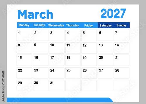 Bild auf Leinwand Monthly calendar page for march 2027 with a simple blue design template