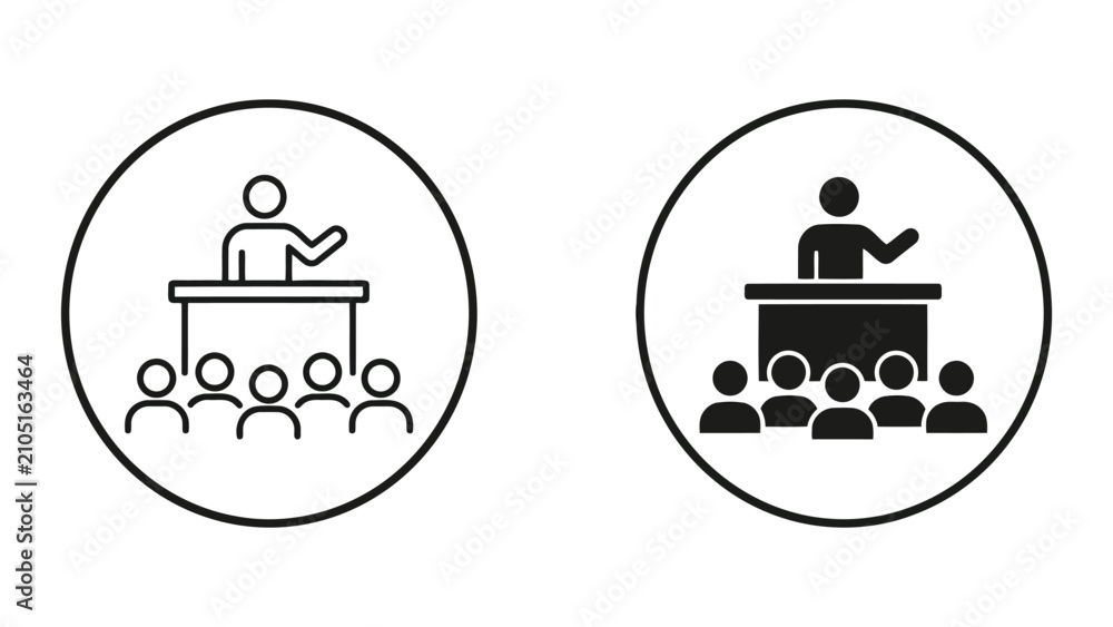 Fototapeta premium Professional conference speaker presenting to an audience icon set with audience