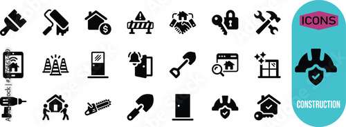 Home renovation construction service vector. house icon set, drill icon set, key icon set