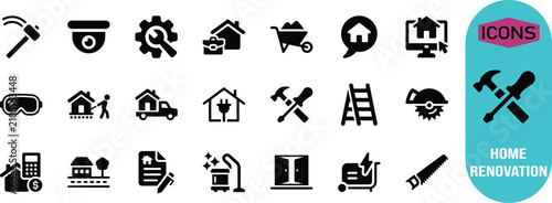 Home construction renovation service icons. house icon set, hammer icon set, ladder icon set