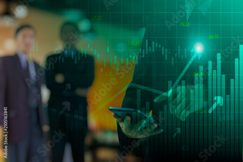 Business man on digital stock market financial indicator background. Digital business and stock market financial indicator on LED. Double exposure of business man and digital stock market financial.