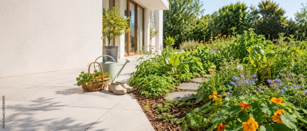 Fototapeta premium Foraging garden with lush plants and tools near home entrance, serene natural setting