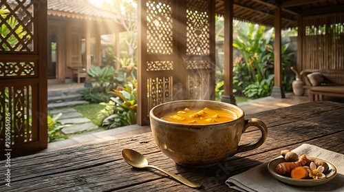 Golden ceramic bowl with fresh fruit on patio table.