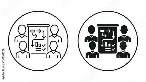 Team strategic planning and workflow analysis icons with strategy, planning