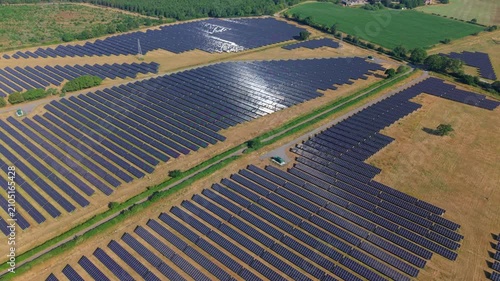 Aerial view of huge solar panel plant for renewable and sustainable energy generation in rural England