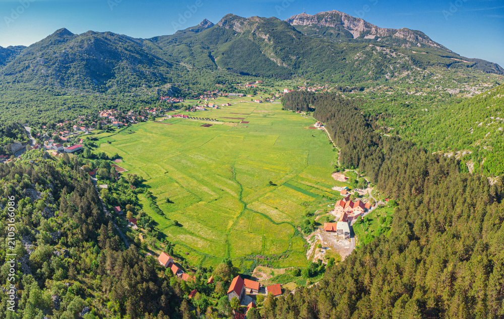 Obraz premium Njegusi village nestled in a green mountain valley, surrounded by lush forests and towering peaks, offering a scenic panorama of Lovcen National Park