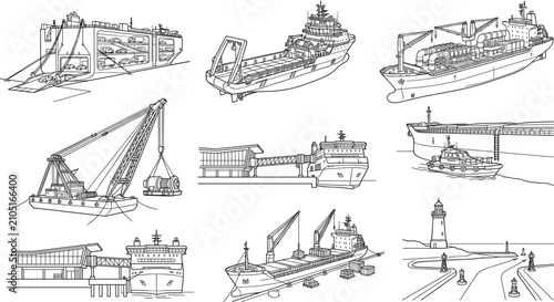 Maritime Shipping and Port Operations Outline Illustration Set with Cargo Ships and Harbor Equipment