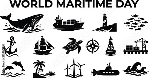 Tableau sur toile Maritime Icons Collection Featuring Whales Ships And Lighthouses On Transparent