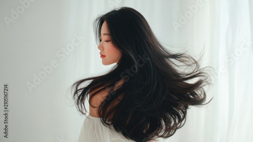 Beautiful model girl with Brown hair strand,silky healthy chestnut wavy hair strand,hair wavy ribbon, with smooth,Keratin straightening,Treatment,straight long hair,procedures,Smooth hairstyle.