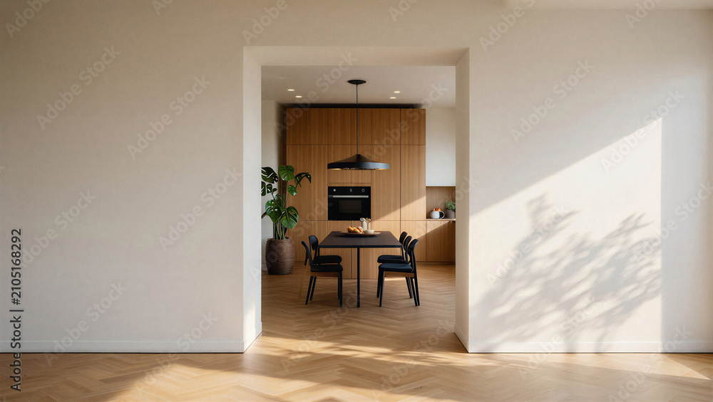 Fototapeta premium Modern minimalist kitchen and dining area with wooden accents and sunlight, interior design