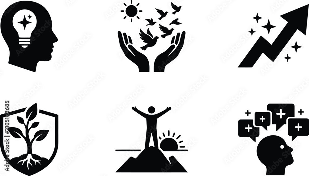 Fototapeta premium Collection Of Positive Thinking Icons In Silhouette Style On Transparent Background icon silhouettes