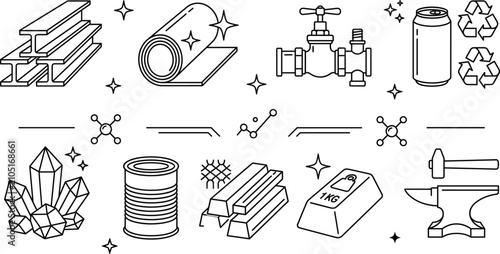 Bild auf Leinwand Raw materials production icon vector set featuring mining metallurgy heavy manuf