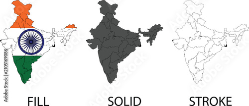 Vector India map collection with national flag fill solid silhouette and linear stroke design