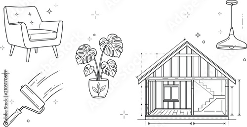 Home renovation and interior design line art icon set with house blueprint armchair plant paint roller and lamp