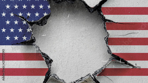 national flag of the United States of America is painted on an old wall with a large hole