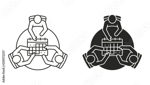 Business team planning meeting and schedule coordination icon set with planning