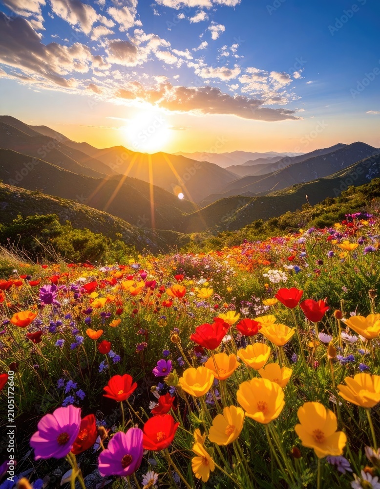 Obraz premium A vibrant field of wildflowers blooms under a golden sunset.