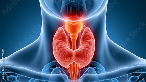 Human anatomy showing the thyroid gland and surrounding structures in a detailed and colorful diagram