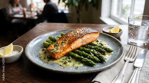 Gourmet salmon fillet with fresh vegetables on white plate.