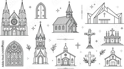 Konstfotografi Church and cathedral building vector line art icon set with gothic architecture